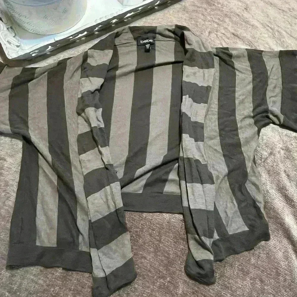 Bebe Green Striped Short Sleeve Open Cardigan - Size P/S